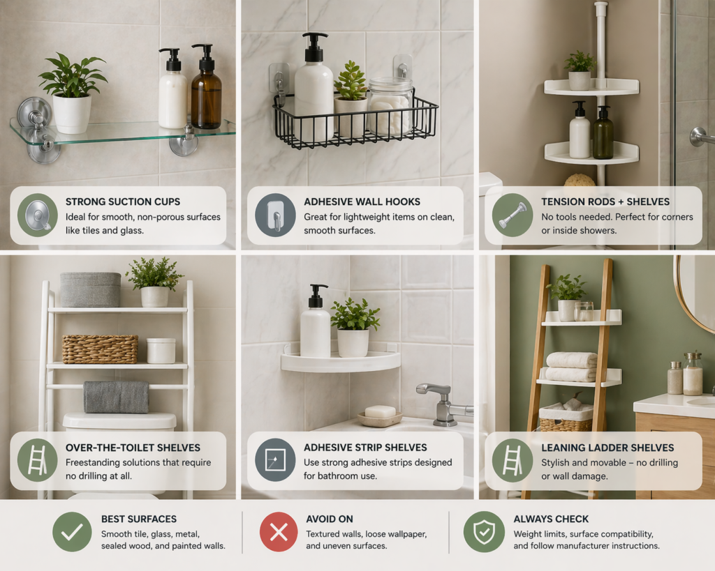 Bathroom Shelves Without Drill Installation